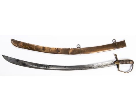 A 1796 pattern Light Dragoon type sword, curved blade 33", brass stirrup hilt with leather covered grip. In its brass scabbar