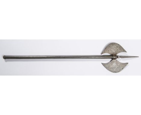 An Indian double bladed steel battle axe, 27½" long, etched blades, spiked head. GC £30-40 