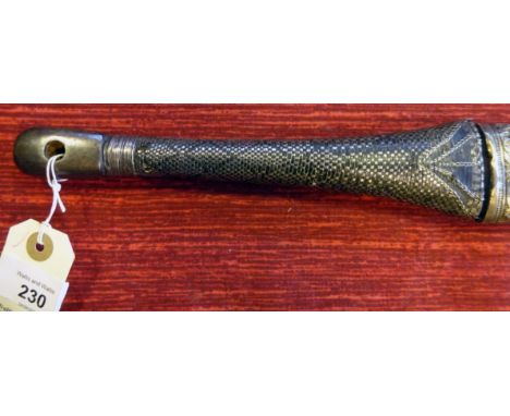 A good Omani sword Kattara, from Zanzibar, broad double edged blade 35" with three narrow fullers and inlaid with gold stylis