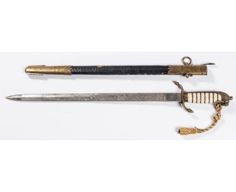 A post 1902 RN midshipman's dirk, etched blade 18", brass hilt with fishskin covered grip, in its brass mounted leather  scab