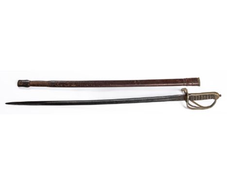 A Geo V Royal Artillery officer’s sword, SE blade 32” etched with cypher, cannon and foliage etc, WM 3 bar hilt, in its leath