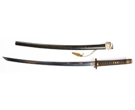 A Japanese sword katana, blade 25½” (polished), the tang with checked file marks and signed with three characters, the hilt w
