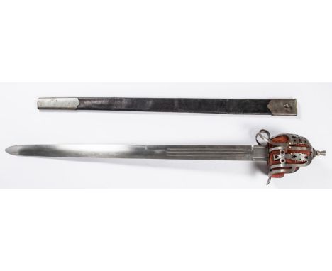 A heavy Scottish basket hilted broadsword, post WWII, double edged blade 32½", nicely fretted steel basket, in its steel moun