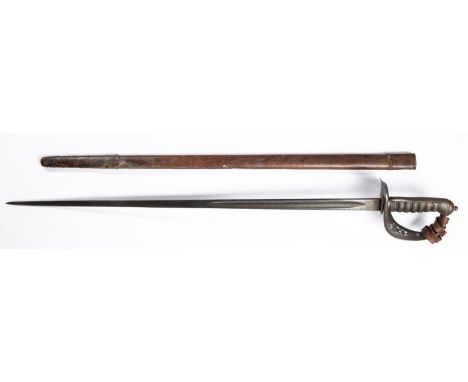 A George V 1897 pattern Infantry officer's sword, by J.B. Johnstone, London and Dublin, in its leather FS scabbard. GC (wire 