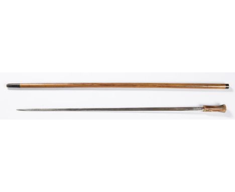 A swordstick, single edged plated blade 29", Oriental engraved lettering, horn hilt (split). In its polished wood scabbard wi