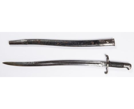 An 1856 pattern yataghan sword bayonet, blade 22¾”, with VR and WD stamps, chequered leather grip, in its steel mounted leath