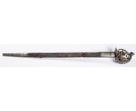 A scarce late 18th century Scottish officer's broadsword, unusual flat double edge blade 36" with shallow fullers near the ba