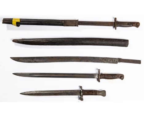 A P1881 first type bayonet (worn); a 1907 SMLE bayonet by Wilkinson, GC (hilt rusty); another similar, with scabbard (very ru