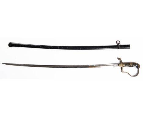 A Third Reich Infantry officer's sword, plated blade 30" by Alcoso, Solingen, the brass hilt having eagle and swastika on the