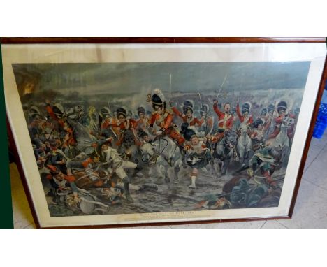A large colour print of “Scotland Yet on to Victory”, the Scots Greys and Highlanders Charge at Waterloo,original by R Caton 