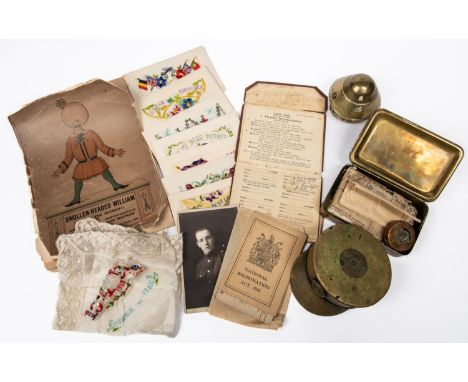 A Queen Mary gift tin; a WWII AB64 to J Filbey RAC deceased; 7 embroidered postcards, a souvenir of France WWI napkin, a tren