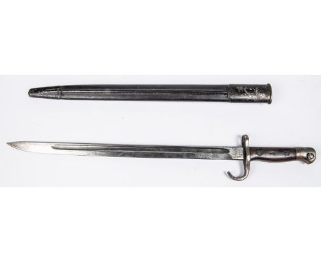 A scarce hooked quillon 1907 pattern bayonet, blade 17” marked “Wilkinson 4.9.11”, pommel stamped “WF” (?), in its steel moun