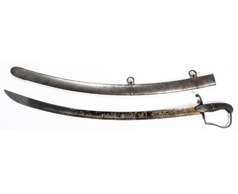 A good 1796 pattern officer's Light Dragoon sword, curved blade 32", blued and gilt for 21", "GR" cypher, cavalry soldier and