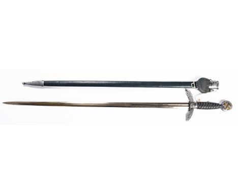 A Third Reich Luftwaffe officer's sword, 30½" blade marked "SMF Solingen" etc, blue leather covered alloy hilt, in its blue l