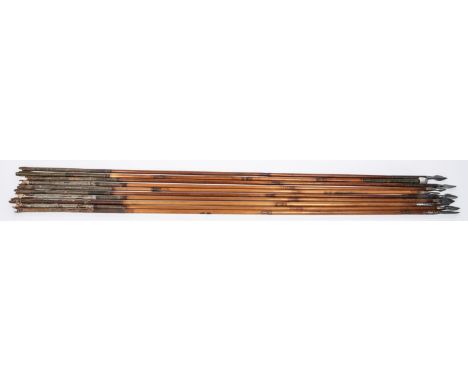 A set of three 18th century Indian arrows, with small plain leaf shaped heads; another, with rectangular section chisel point