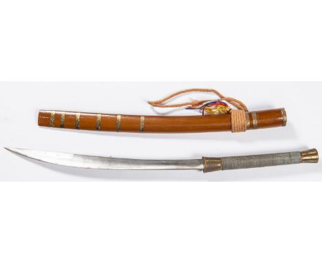 A Burmese dha, curved blade 15", brass mounted hilt with wire bound grip. In its wooden scabbard. GC £20-30 