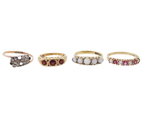 Three 9ct gold rings including garnet, opal and cubic zirconia and a 9ct rose gold and silver paste stone set double cluster 