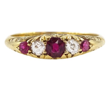 Edwardian 18ct gold five stone ruby and diamond ring, Birmingham 1904Condition Report:Approx 2.8gm, size M1/2, abrasion to th