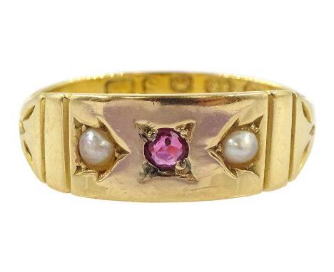 Victorian three stone ruby and split pearl ring, Birmingham 1863Condition Report:Approx 3.65gm, size N, head setting tested18