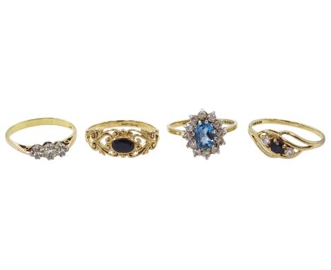 18ct gold three stone diamond ring, total diamond weight approx 0.20 carat and three 9ct gold rings including sapphire and cu