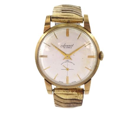 Accurist gentleman's 9ct gold manual wind wristwatch, silvered dial with subsidiary seconds dial, Edinburgh 1959, on expandin