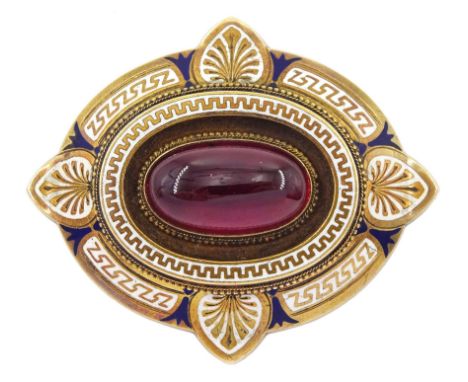 Victorian 15ct gold garnet and enamel pendant / brooch, with glazed locket versoCondition Report:Approx15.2gm gross, tested 1