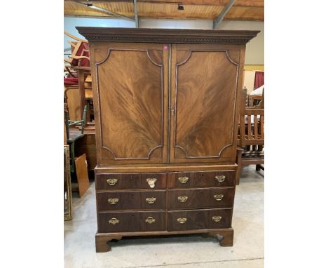 A 19th century mahogany linen press enclosed by a pair of doors (warped) over base with six drawers on bracket feet. 48'w x 7