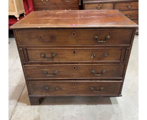 An 18th century mahogany chest of four long drawers on bracket feet. 34' wide. For renovation, one bracket foot lacking