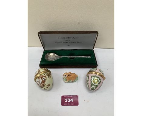 a 1977 Franklin Mint silver Christening spoon, two Halcyon Days enamel boxes and a small ceramic rabbit signed Basil Matthews