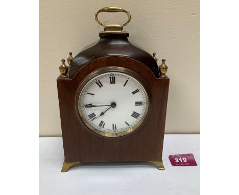 An early 20th century mahogany mantle clock, the French brass drum movement with platform lever escapement. 8' high. (movemen