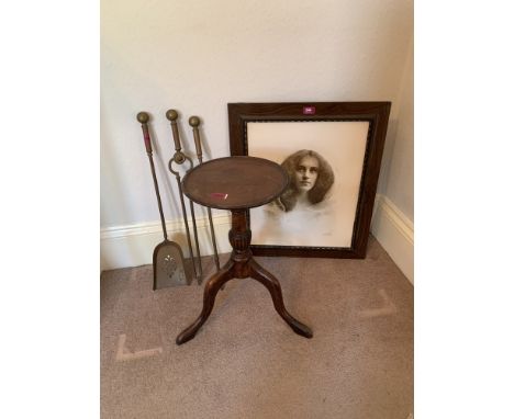 Three brass fire irons, a wine table and a framed print