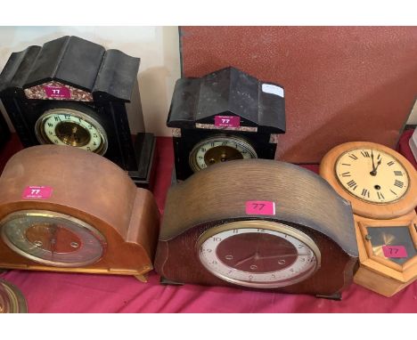 Two slate mantle clocks, two other mantle clocks and a small drop dial clock (5)