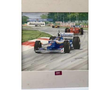 SIMON WARD. BRITISH 20TH/21ST CENTURY A Formula One motor race. Signed and dated 1997. Watercolour gouache. 12½' x 15½'. A pr
