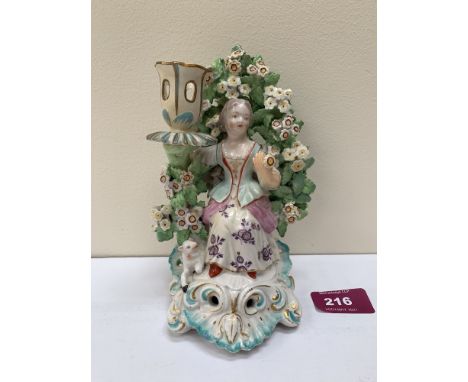 An 18th century Derby figural candlestick modelled as a young girl with brocage, a lamb at her feet. 6¼' high