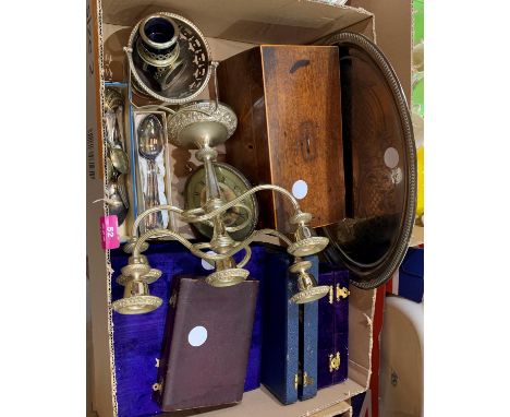 A mahogany tea caddy (A.F.); platedware etc.