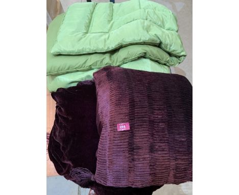 A vintage eiderdown cushions etc.