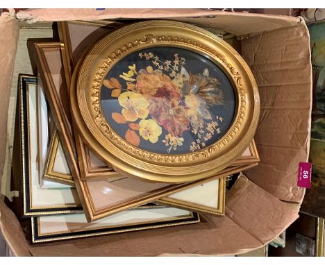 Two oils on canvas, 3 framed pressed flower pictures, tapestry picture etc.