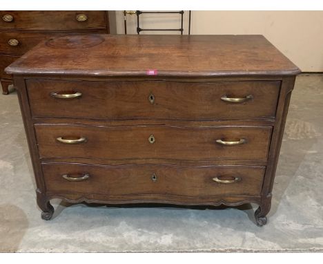 A 19th century mahogany serpentine commode, the moulded top over three long drawers, raised on cabriole volute feet. 46' wide