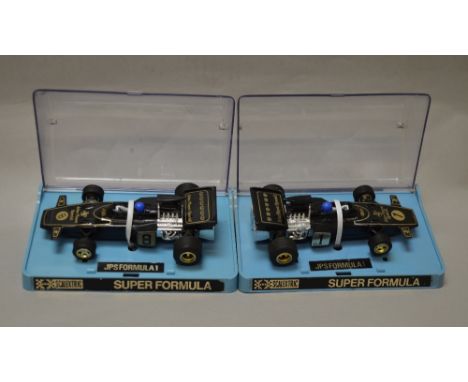 Two boxed Scalextric Super Formula JPS John Player Special Formula One cars - No1 and No8. (2)