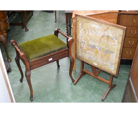 An Edwardian mahogany piano stool c.1919 and an oak metamorphic tapestry table/screen 