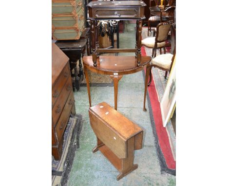 A retro Mobel teak tile top occasional; a  small oak dropleaf occasional table; a walnut veneered reproduction demi-lune tabl