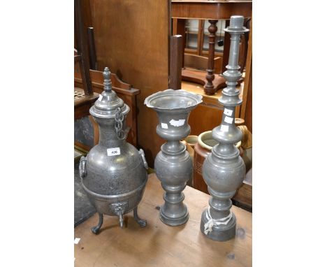 A 19th century French pewter water urn; a table lamp; a vase (3)