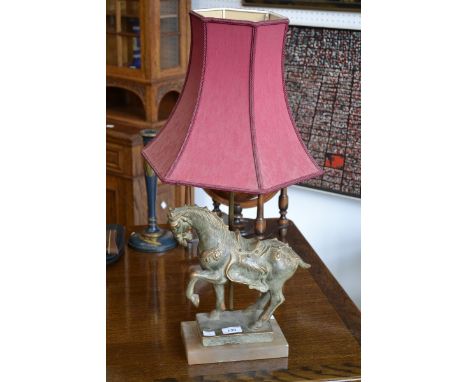 Chinese Tang style horse table lamp on soapstone base 