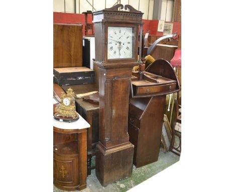 An Irish elm and oak longcase clock, fretted cresting to hood, fluted columns, modillion cornice and carved frieze, 30.5cm sq