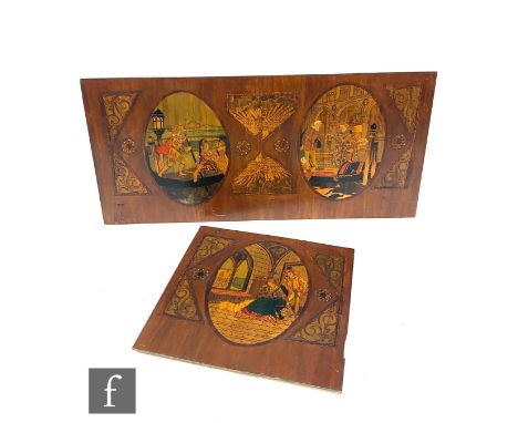 A large painted pokerwork panel depicting Elizabeth I with Sir Walter Raleigh and a boating scene, 74cm x 153cm, and similar 