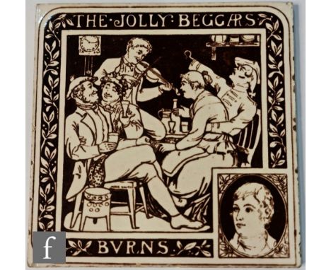 A John Moyr Smith for Minton Hollins &amp; Co 8 inch tile decorated with an underglaze brown block print against a buff groun