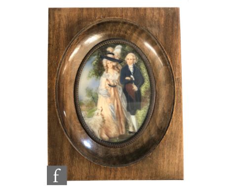 AFTER THOMAS GAINSBOROUGH -&nbsp;'Mr. and Mrs. William Hallett ('The Morning Walk')', watercolour miniature over print base o