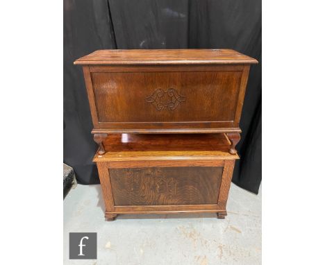 A late 1930s oak and plywood panel coffer with embellishment detail to the front, on short cabriole legs, height 58cm x depth