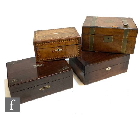 A 19th Century mother of pearl inlaid sewing box and contents, width 30cm, a similar work box, a walnut work box and a brass 