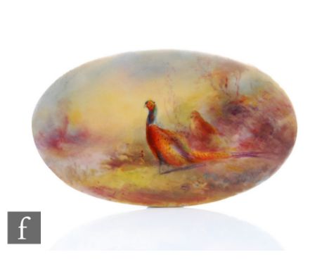 A Royal Worcester oval plaque decorated by Stinton with a hand painted pheasant and grouse, signed, puce mark with date code 